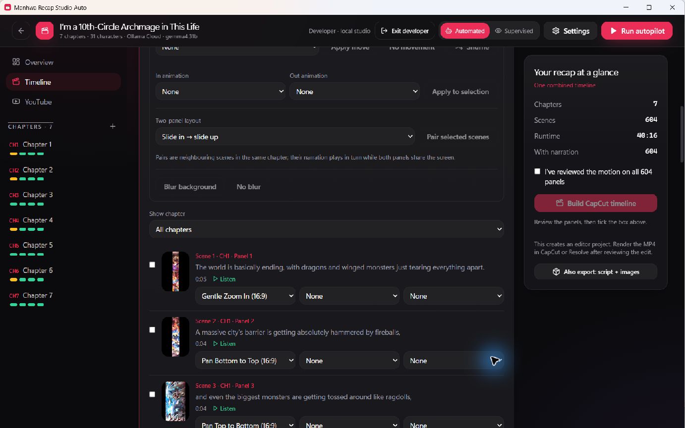 Panel motion and animation controls in the real timeline workspace
