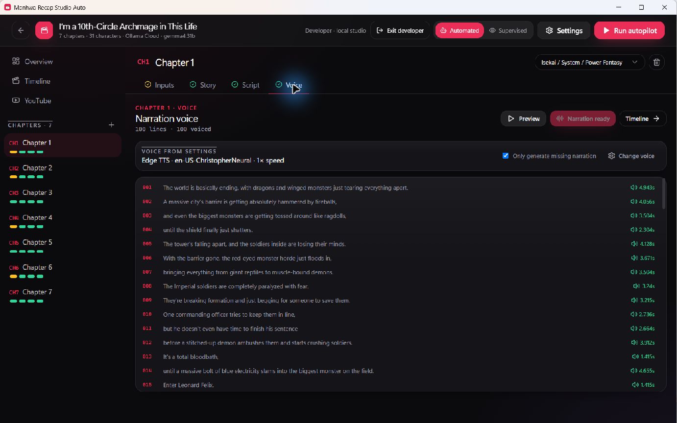 Generated narration lines and audio durations in the desktop app